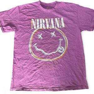 Purple Nirvana Smiley Face Acid Wash T-Shirt | Size L